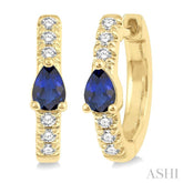 4X3 MM Pear Cut Sapphire and 1/10 Ctw Single Cut Diamond Petite Huggie Earrings in 10K Yellow Gold